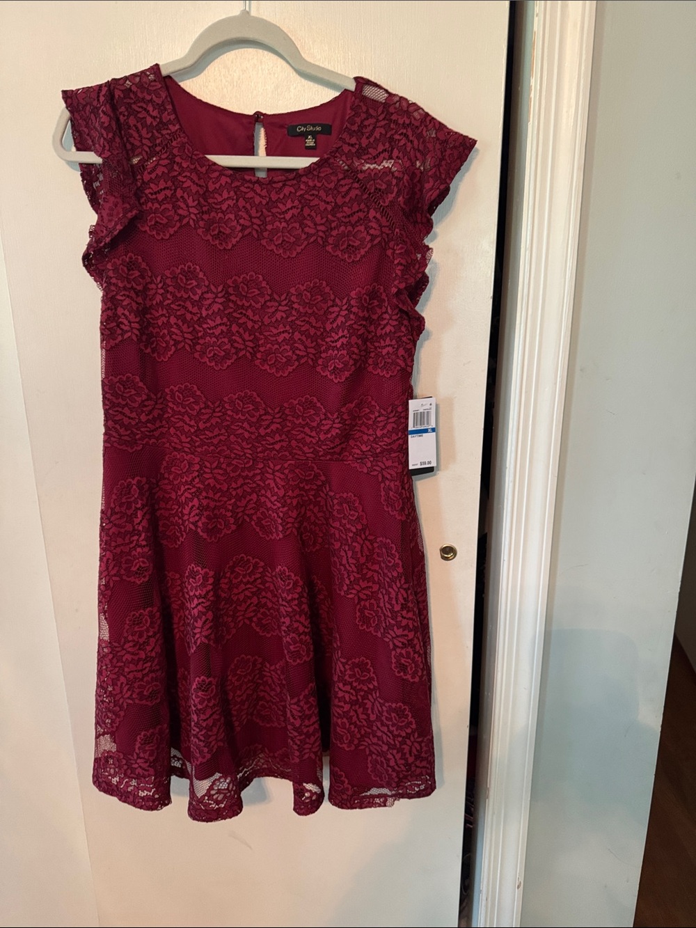 CITY STUDIO Womens Burgundy Flutter Sleeve Dress Juniors XL